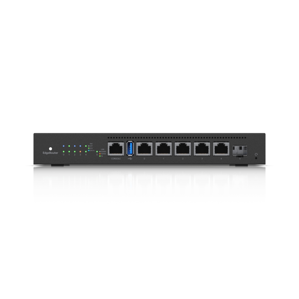 UBNT EdgeRouter 6 PoE UBNT EdgeRouter 6 PoE (ER-6P) – 5 Port Gigabit RJ45, SFP Port ve 24V Pasif PoE Destekli Fansız Router