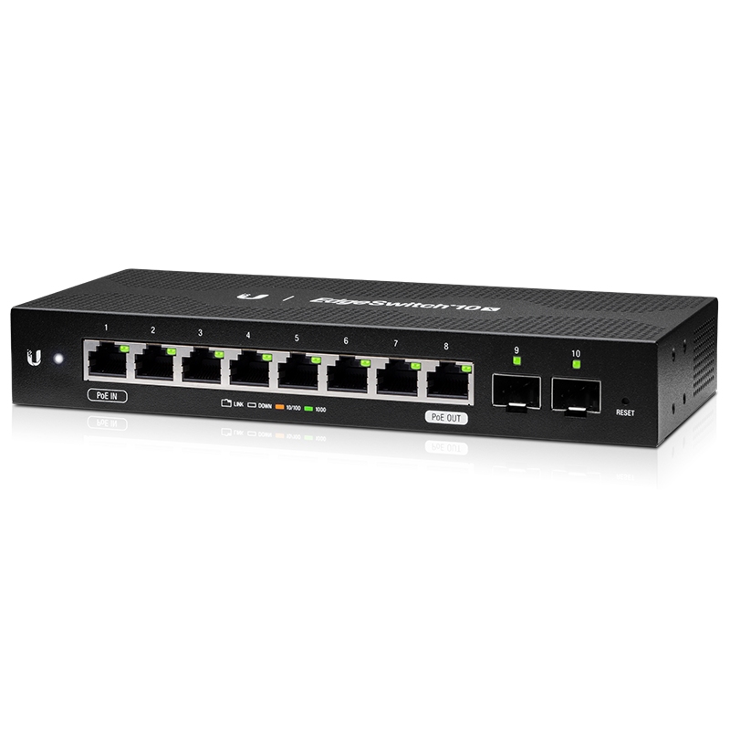 UBNT EdgeSwitch 10X  UBNT EdgeSwitch 10X (ES-10X) – 8 Gigabit RJ45, 2 SFP Portlu, 24V Pasif PoE Passthrough Destekli Ekonomik WISP Switch